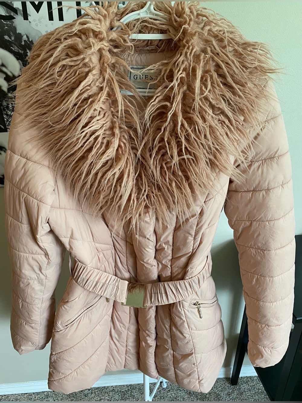 Woman’s Guess Blush Pink Quilted Belted Coat with Faux Fur Collar